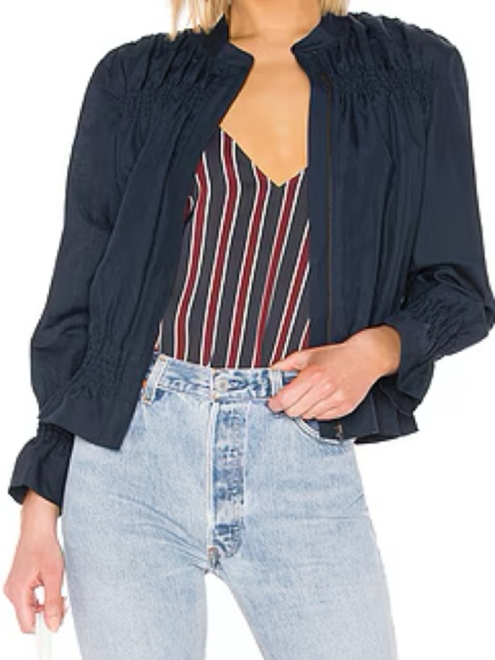 Frame X Revolve Smocked Linen‎ Lyocell Navy Blue Bomber Jacket